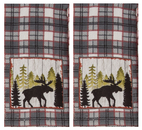 New Set of 2 Red Gray Forest Moose Terry Kitchen Dish Towels, Lake Lodge Camping