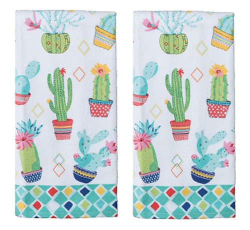 New Set of 2 Whimsical Southwest Cactus Garden Succulent Terry Kitchen Towels