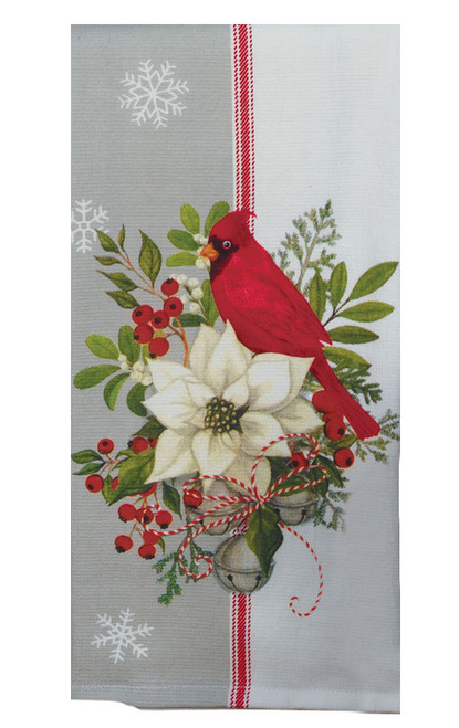 New Winterberry Garden White Poinsettia - Red Cardinal Terry Kitchen Dish Towel