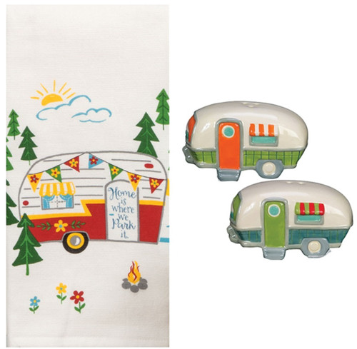 New 3 Piece Camper Salt and Pepper Shaker Set with Kitchen Dual Purpose Towel