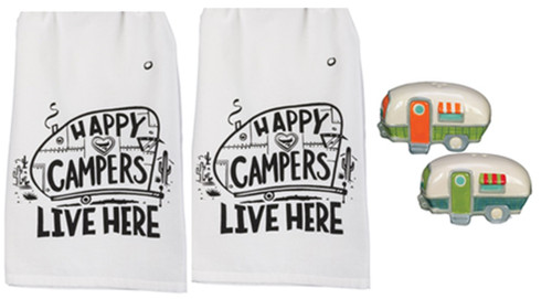 New Happy Campers 4 Piece Kitchen Bundle, Towels with Salt and Pepper Shakers