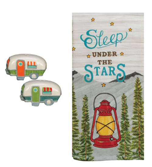 New 3 Piece Camper Salt and Pepper Shaker Set with Kitchen Dual Purpose Towel