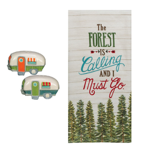 New 3 Piece Camper Salt and Pepper Shaker Set with Kitchen Dual Purpose Towel