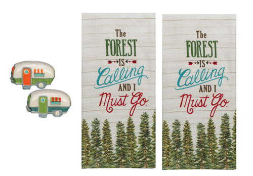 New 3 Piece Camper Salt and Pepper Shaker Set with Kitchen Dual Purpose Towels