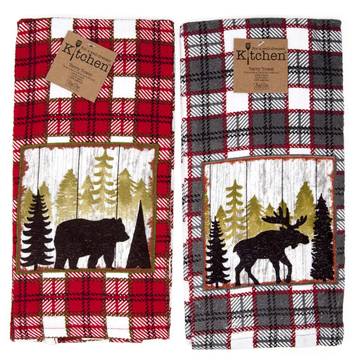 New Kay Dee Kitchen Terry Towels 2pc Set Cabin Moose Bear Mountain Life Set