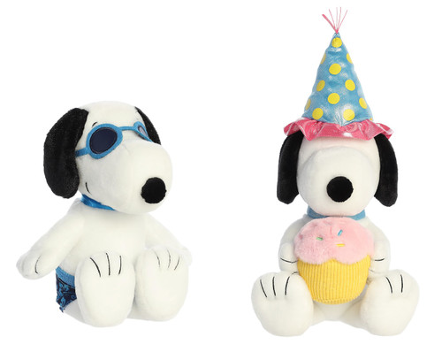 New Aurora Peanuts Plush Bundle, 12" Birthday Snoopy and 12" Surfer Snoopy