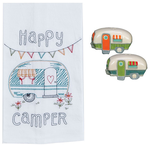 New Happy Camper 3 Piece Kitchen Bundle, Towel with Salt and Pepper Shakers