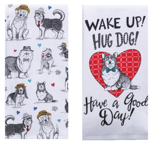 2 Piece Pet Lovers Only Dog Kitchen Dish Towel Bundle, Wake Up! Hug Dog!