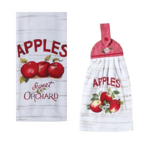Bundle of 2 Fruit-Apple Picking Country Style Cotton Kitchen Towels, White Red
