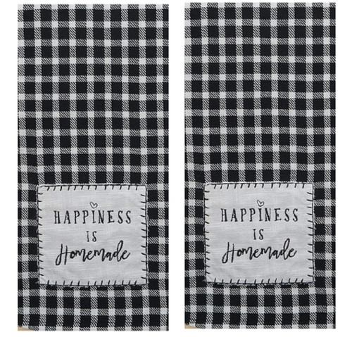 New Set of 2 Gingham Farmhouse Happiness Is Homemade Applique Kitchen Tea Towels