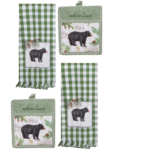 4 Piece Green White Towel and Pocket Mitt Set, Pinecone Trails Bear