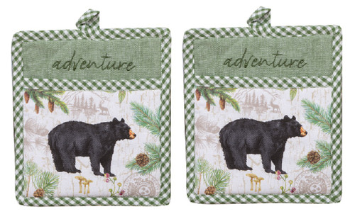 New Set of 2 Embroidered Pinecone Trails Black Bear Kitchen Oven Pocket Mitts