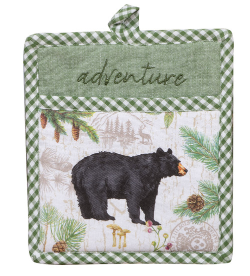 New Embroidered Pinecone Trails Black Bear Kitchen Pocket Mitt,  8" x 9"