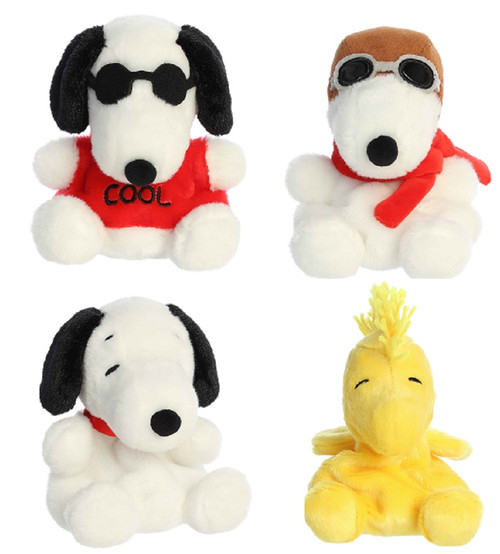 4 Piece Aurora Peanuts Snoopy, Joe Cool, Ace and Woodstock Palm Pal Plush, 5"