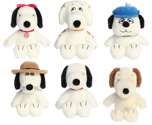 New Aurora Peanuts 6 Pc Floppy Legs Plush Set With Snoopy, Sister and Brothers