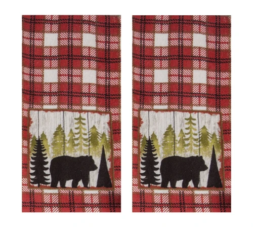 New Set of Two Camping Lodge Black Forest Bear Red Plaid Terry Kitchen Towels