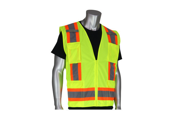 Safety Vest, Class 2, 11 Pocket with Solid Front and Mesh Back, Lime