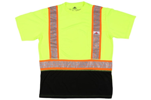 Class 2 Short Sleeve T-Shirt Polyester Birdseye Mesh Fabric 3 Inch Orange / Silver Stripes Left Chest Pocket, Lime, UPF 50+ (SFFSTC2SL) Class 2 Short Sleeve T-Shirt Polyester Birdseye Mesh Fabric 3 Inch Orange / Silver Stripes Left Chest Pocket, Lime, UPF 50+ (SFFSTC2SL)