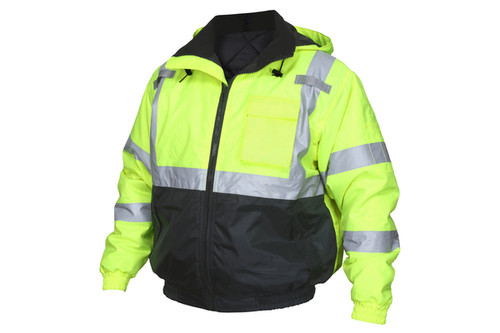 Two tone value bomber jacket, Class 3, quilted rain jacket, fluorescent lime/black, silver reflective stripes, (SVBBQCL3L)