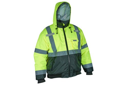 Luminator™, Two tone value bomber jacket, Class 3, insulated rain jacket, fluorescent lime/black, silver reflective stripes, (SVBBCL3L) Luminator™, Two tone value bomber jacket, Class 3, insulated rain jacket, fluorescent lime/black, silver reflective stripes, (SVBBCL3L)