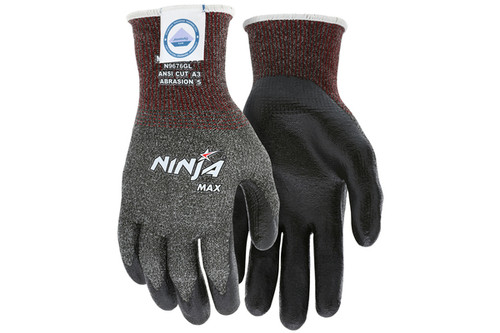 Ninja® Max 10 gauge Dyneema® Diamond Technology Bi-Polymer Coated Palm and Fingertips, Cut level A3 Ninja® Max 10 gauge Dyneema® Diamond Technology Bi-Polymer Coated Palm and Fingertips, Cut level A3