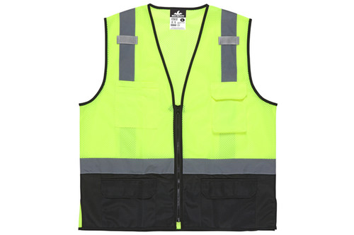 Safety Vest, Class 2, Mesh, Zipper Front, Lower Black Bottom (SCL2MLSZ)