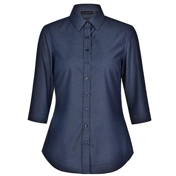 Navy - M8400Q Ladies Ascot Dot Jacquard 3/4 Sleeve Stretch Shirt - Winning Spirit