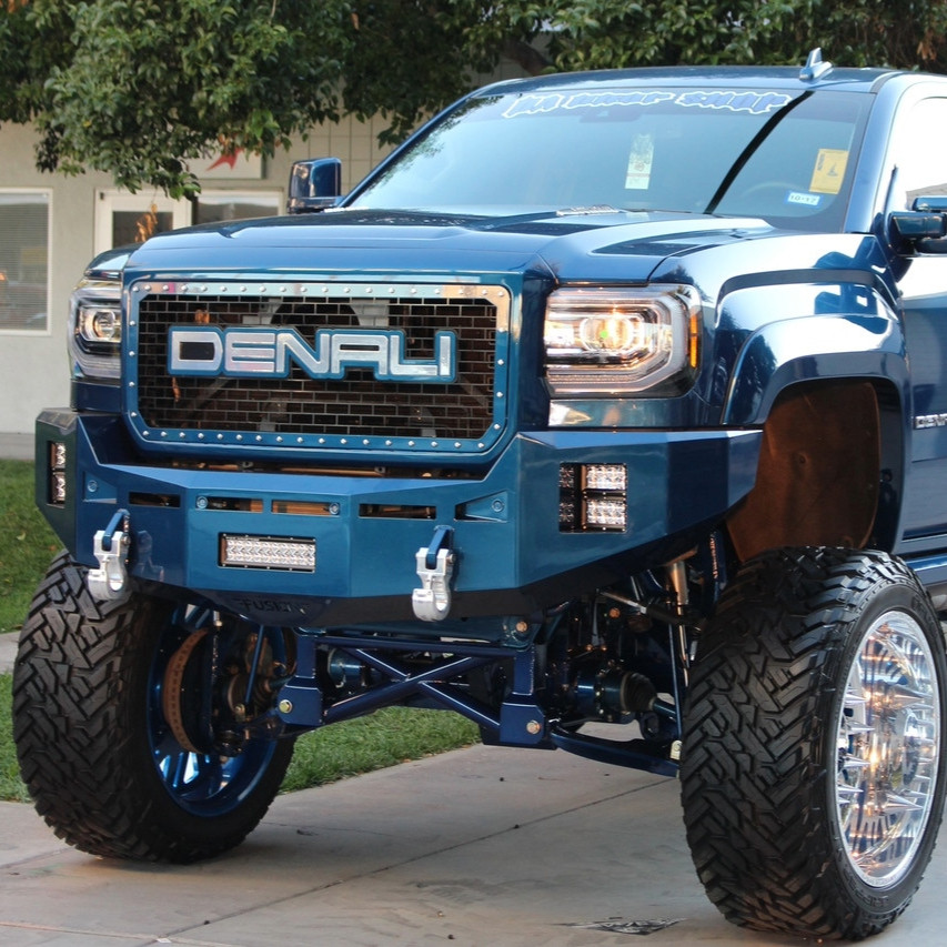 Base Bumper With Parking Sensor Mounts.
Clevis Mounts with Royal Hooks.
Rigid Industries 10" E-Series in the license plate area.
Two Rigid Industries 4" E-Series per side (Horizontal).