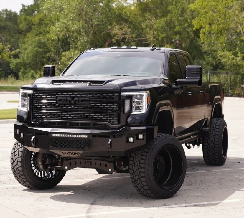 Rigid Industries Dually's (3x3 cube lights) as fog lights.  
Clevis mounts.
Front Parking Sensors 
Block Heater Provision
Rigid Industries 20" SR in the vent area