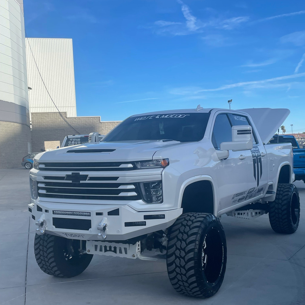 Base Bumper
Clevis Mounts with optional Monster Swivel Hook
Front Parking Sensors
Fog Light Mounts-OLB 6" Single Row lights (Staggered)
20" OLB Single Row light in the vent area. 
No block heater option. 