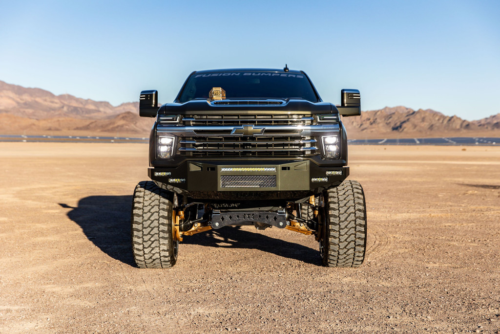 Base Bumper
Fog Light Mounts-Rigid 6" Single Row lights (Staggered)
20" Single Row light in the vent area. 
Block heater option. 
Center vent with stainless steel mesh insert