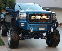 Base Bumper with sensor provisions.
Clevis Mounts with Royal Hooks.
Rigid Industries 10" E-Series in the license plate area.
Two Rigid Industries 4" E-Series per side (Horizontal).