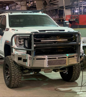 Defender Grille Guard with optional headlight guards. 
Holes/mounts for 3" cube lights or Rigid Industries Dually Series lights 
Center Vent with stainless steel mesh insert. 
Provisions for parking sensors 
Provision for block heater