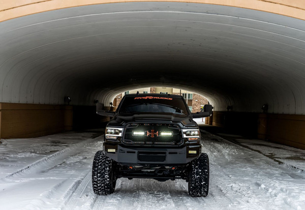 6" Rigid E-Series as fog lights. 
Hole/mounts for a 20" single row LED over the vent. 
Parking sensors.
Center vent with stainless steel mesh insert 