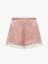 Pantalones cortos de seda con encaje Leavers de color rosa_0