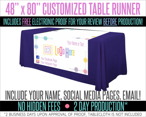 Full Color Table Runner with Your Logo in a Flower Styled Border- 48" x 80" - White