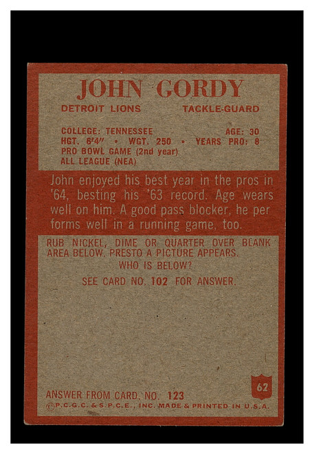 1965 Philadelphia Gum #62 John Gordy Lions EX