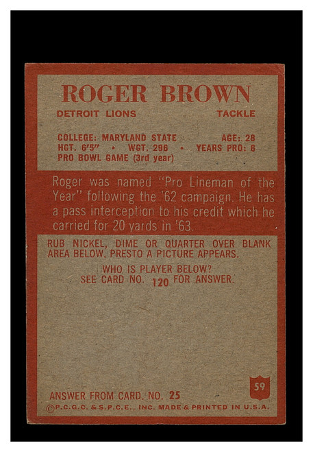 1965 Philadelphia Gum #59 Roger Brown Lions EX