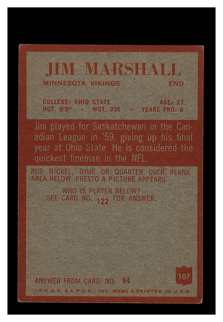 1965 Philadelphia Gum #107 Jim Marshall Vikings VG-EX+