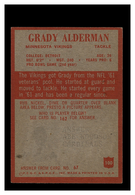 1965 Philadelphia Gum #100 Grady Alderman Vikings EX