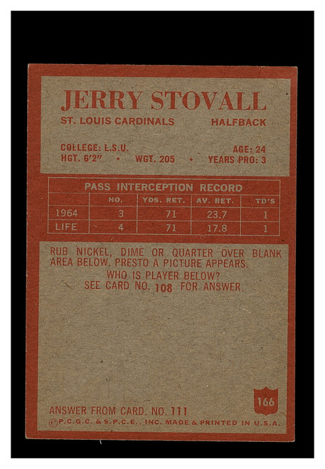 1965 Philadelphia Gum #166 Jerry Stovall Cardinals VG-EX+