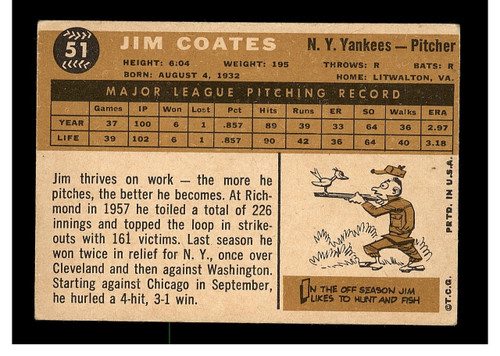 1960 Topps #51 Jim Coates Yankees VG-EX