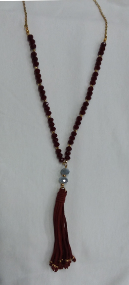 Gray Stone Leather Fringe Gold Necklace1