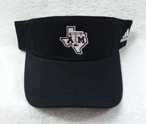 100% Cotton One Size Fits All Black Texas A&M visor with white Texas embroidered logo.