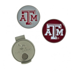 Texas A&M magnetic hat clip with ball markers attaches to hat or visor. 