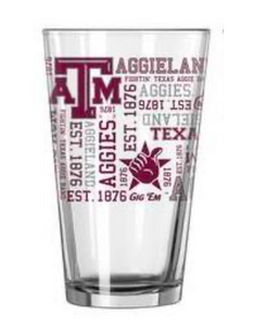16 Oz. Pint Glass (Texas A&M/AGGIES Logo Printed around the whole glass!)
16 Oz. Pint Glass (Texas A&M/AGGIES Logo Printed around the whole glass!)