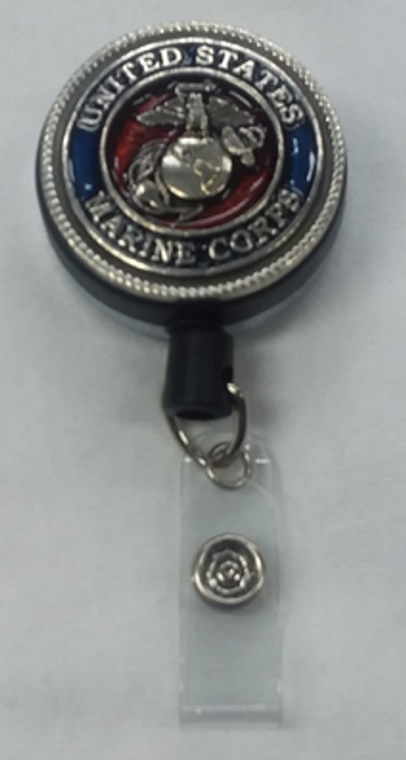 Marine Corps pewter badge reel with 30" retractable cord and sturdy clip.

Measures 1.5" wide

Assembled in the USA