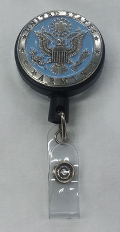 Army pewter badge reel with 30" retractable cord and sturdy clip.

Measures 1.5" wide

Assembled in the USA