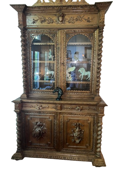 Antique Black Forest Carved Oak China Display Cabinet, Swiss/German, Circa 1880-1900
