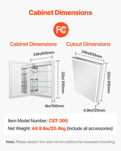 Lighted Medicine Cabinet with Mirror, 24 x 32 in Recessed or Wall Mount, 3 Color Dimmable LED Bathr E415-LEDJXJJ2432IJR2XO001V1